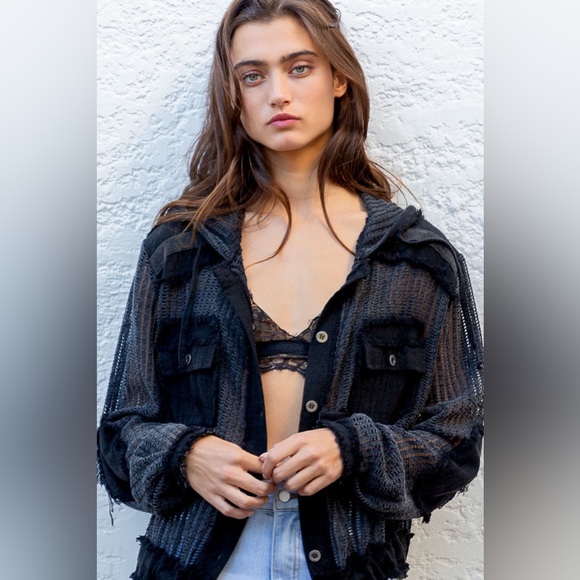 Open Knit Contrast Hooded Shacket with Frayed Edges - POL - Picture 6 of 6